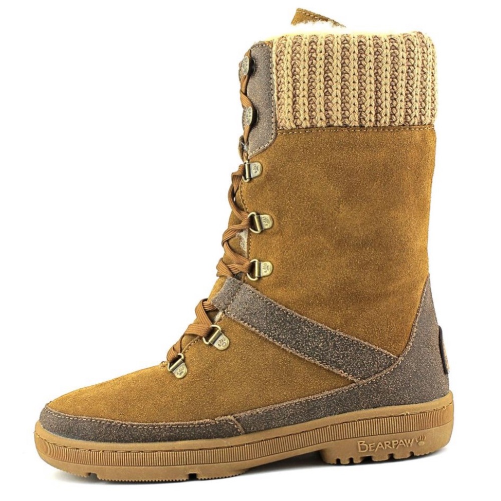 Bearpaw Serena Suede Laces Up Hiking Boots Knit Back Collar Wool Blend Lining